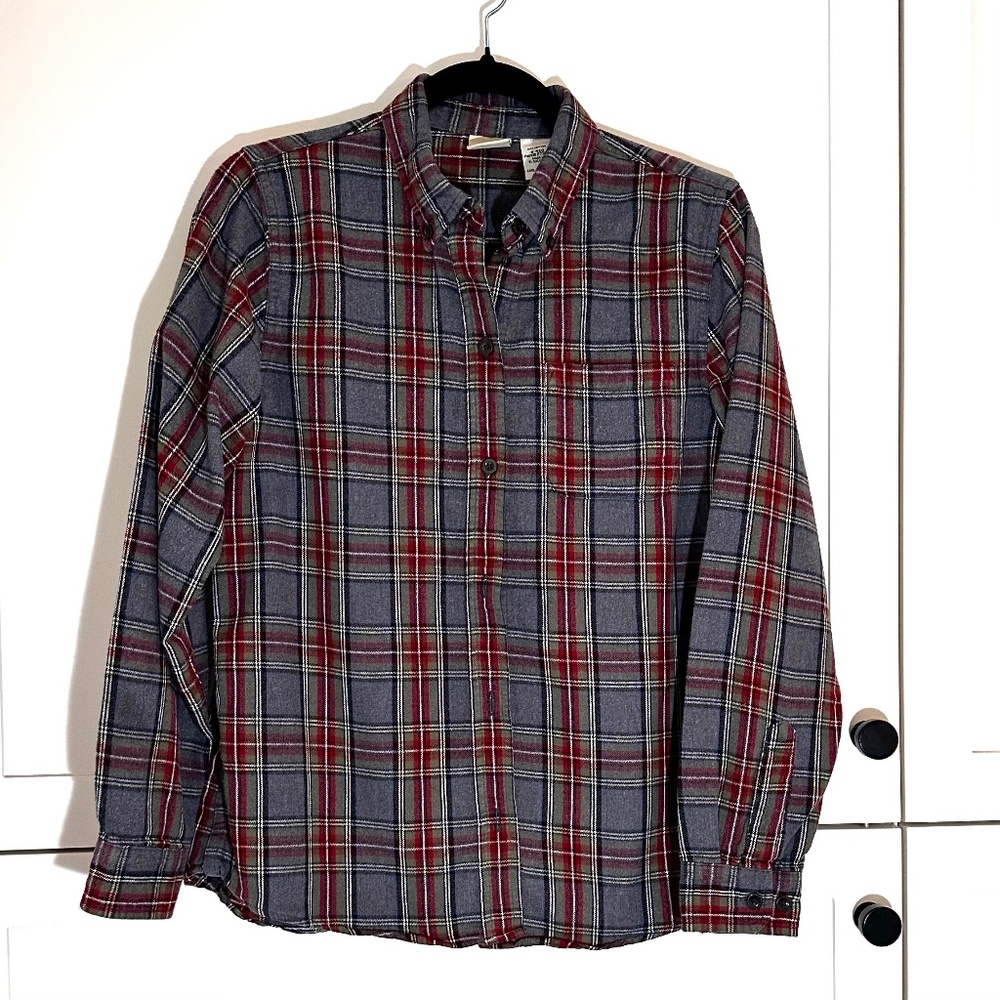 L.L. Bean Grey Stewart Scotch Plaid Flannel Shirt; Women's Small (S 6-8)